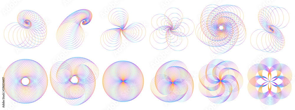 Poster Set of abstract design elements. Abstract glow wavy stripes. Circle in spiral with lines as icon, logo or design element. Vector illustration EPS 10