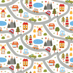 Cute childish road cuty map colordul hand drawn simple seamless vector pattern. Vector illustration