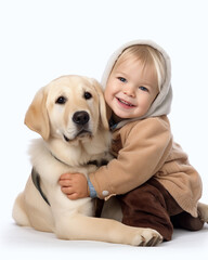 Pure Joy: Toddler and Dog Share a Hug. Isolated on White Background