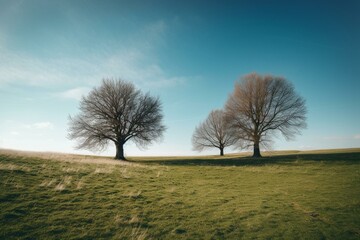 Picture of trees on a grassy field under a blue sky. Generative AI