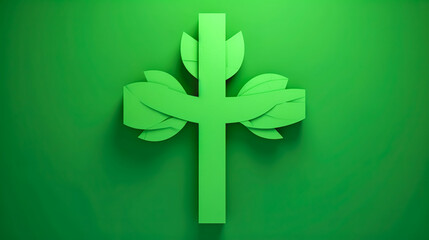 Fototapeta premium Green background with cross and leaves, generative AI.