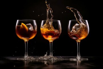 Three Bourbon Manhattan cocktails splashing on a dark backdrop. Generative AI