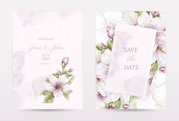Watercolor cherry blossoms invitation pink template cards set