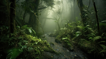 impenetrable rainy forest with misty haze. Generative AI