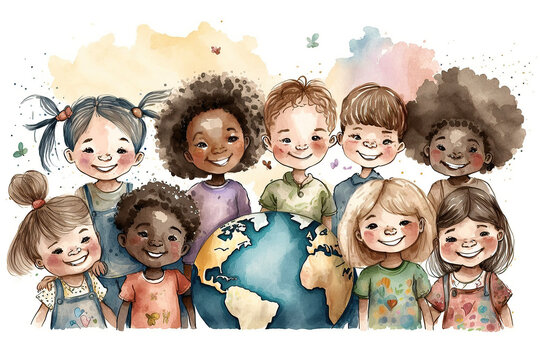 Globe surrounded by multiethnic kids celebrating world children's day
