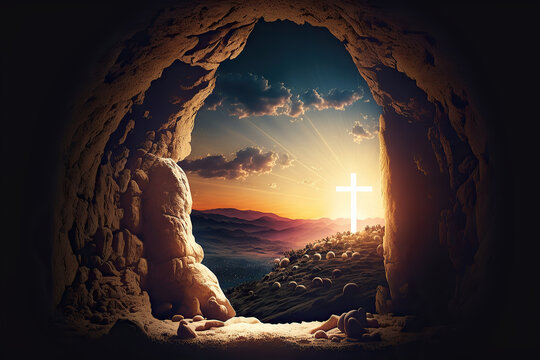 Empty Tomb with Cross on Mountain Sunrise