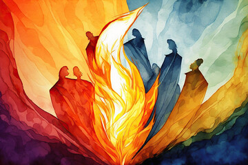 Christian Banner with Pentecost Illustration in Watercolor - obrazy, fototapety, plakaty