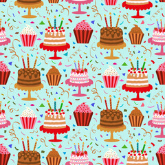Cute birthday cakes , cupcakes with confetti seamless pattern on light blue background. For wrapping paper, greeting cards and fabric 