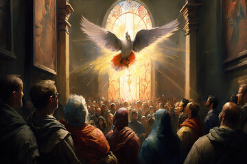 Serene painting of the Holy Spirit descending on the apostles as a dove