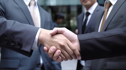 Successful businessman in suit shaking hands during a meeting in the office for a team partnership. Close-up. Created using Generative AI. 
