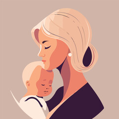 Tender illustration with a blonde woman with a baby in her arms. Card for Mother's Day. Postpartum happy period. The concept of motherhood and health. Monochrome color