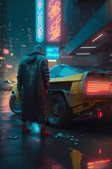 Fototapeta na wymiar AI generated illustration of a person standing in front of anime style cyberpunk city and a yellow sports car