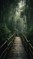 bridge in the bamboo forest on a rainy warm summer day. drizzle and fog.Generative AI