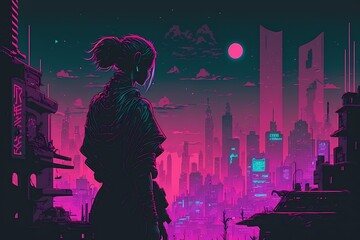 Obraz premium AI generated illustration of a person standing in the street of a cyberpunk style city at night