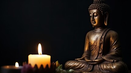 Fototapeta premium Buddha statue with Candle light, Buddha purnima Vesak day background, generative ai