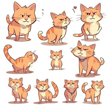 cat character sheet, cartoon style, cute, character design, multiple poses and expressions, isolated on white background, generative ai