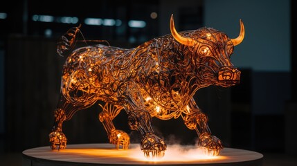 Fire sculpture of a Bull, Bullish in Stock market and Crypto currency. generative ai