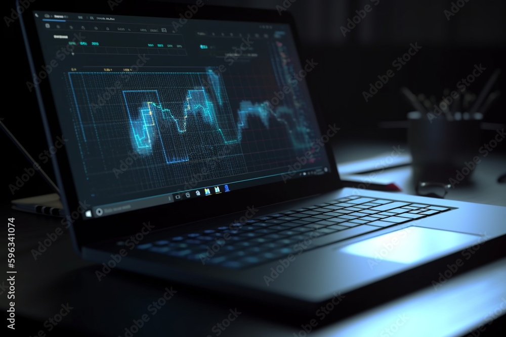 Poster laptop with charts and graphs on screen, generative ai