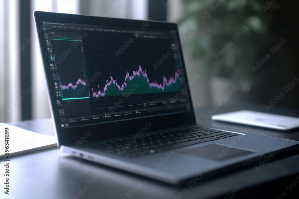 Poster laptop on the table with charts and graphs on screen, generative ai
