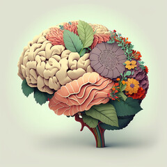 brain with flowers, a playful cartoon-style depiction of a human brain wrapped in colorful flowers, representing the connection between nature and the intricacies of the human mind, Generative Ai