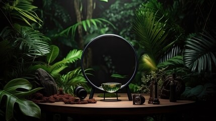 Jungle table background. Interior table for a cosmetic item against the backdrop of tropical plants, palms and jungle. generative ai