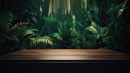 Jungle table background. Interior table for a cosmetic item against the backdrop of tropical plants, palms and jungle. generative ai