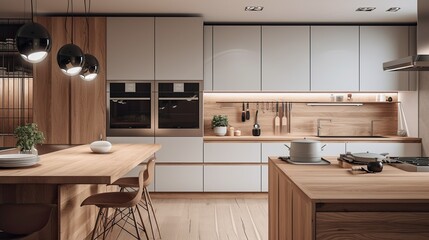 mall kitchen, Colors: light colours, wood, light brown, white, Materials: oak wood countertop, wood floor, coper details, coper lamps, coper appliances, pots, generative ai