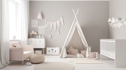 Modern minimalist nursery room in scandinavian style. Baby room interior in light colours, generative ai