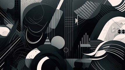 Monochromatic geometric shapes and lines forming a dynamic abstract pattern, generative ai