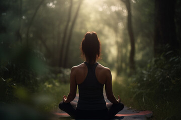 A young woman make yoga position at sunrise in the forest. Generative AI.