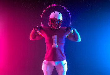 American football player banner with neon colors. Template for bookmaker ads with copy space. Mockup for betting advertisement. Sports betting, football betting, gambling, bookmaker, big win