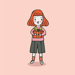 cute girl holding a gift, drawing style vector illustration