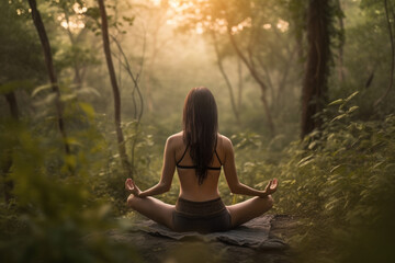 Girl meditating in the forest, healthy lifestyle concept. Generative AI.