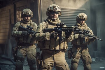 Group of special forces soldiers in action with assault rifle in urban environment, Generative AI