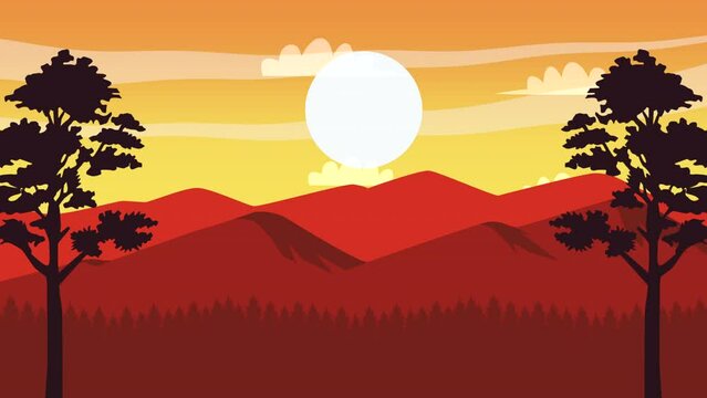 beauty landscape with mountains sunset animation