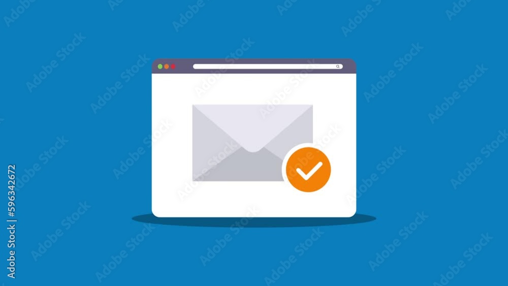 Fototapete email animation with orange check mark icon.simple web browser window flat design.