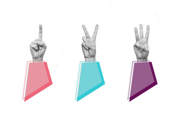 Set of 3d hands in sleeves showing gestures counting one, two, three numbers isolated on a white...