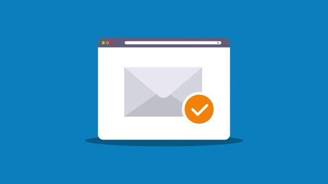 email animation with orange check mark icon.Simple web browser window Flat design.
