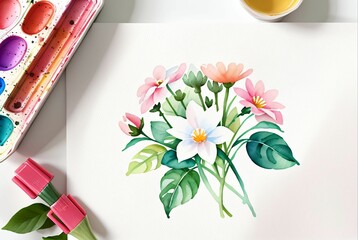 Flowers painted with water-based paint on a white background