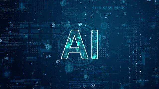 Motion graphic of Blue digital AI letter and futuristic circle HUD big data processed with grid line and icon on screen abstract background Artificial intelligence technology and chat bot concept