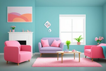 living room in pink and light green, 3D modeled