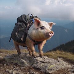 A pig on a diet while walking in the mountains