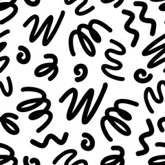 Black scribbles on white background. 90s style seamless pattern. Abstract hand drawn memphis brush strokes swirls wave and spirals.