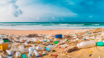 Beach full of garbage and plastic waste as wide banner for environmental and recycle concepts