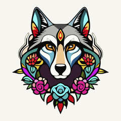 Wolf face with floral art doodle colorful digital vector artwork. Flowers and wolf's head