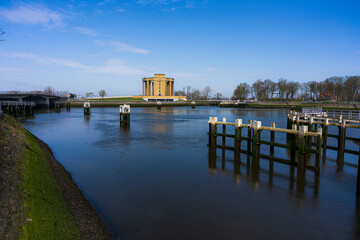 Overview at the Westfront located at city Nieuwpoort at the belgium coast.  River de ijzer with the...