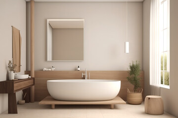Fototapeta na wymiar Minimalistic bathroom in white & beige, wooden sink counter, freestanding bathtub, Japanese retro styling, minimalism. generative ai