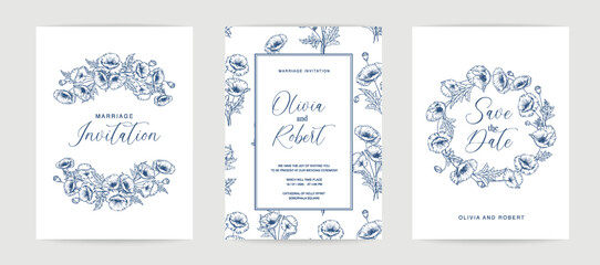 Blue Marriage design template with custom names in frame with floral. Vector illustration.