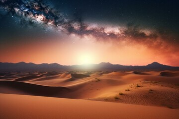 Fototapeta na wymiar Surreal desert sunrise with sand dunes, warm starry gradient sky. Generative AI