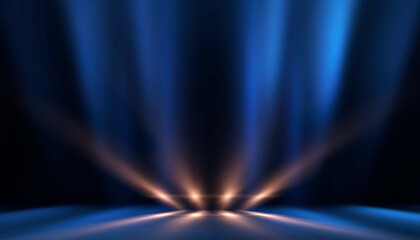 Dark blue neon light with rays of gold abstract night empty scene. The effects of light in the dark. 